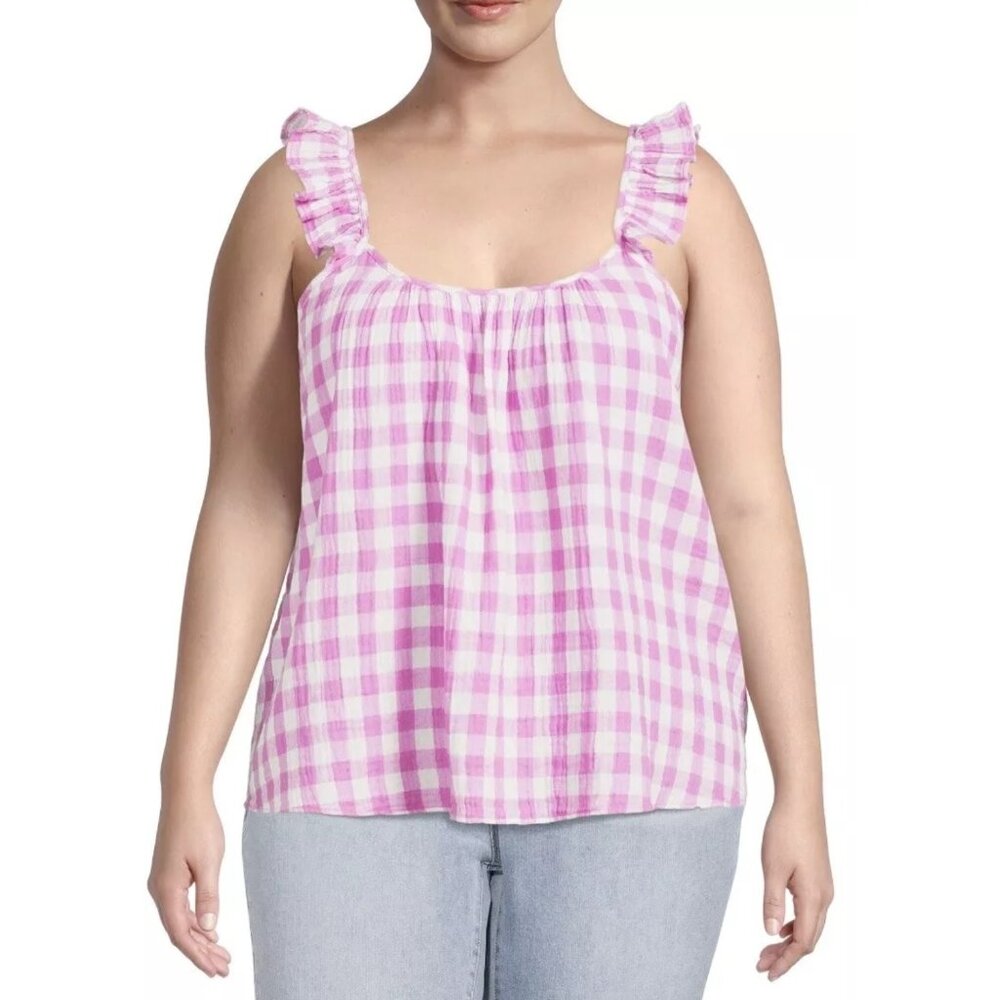 Terra & Sky Ruffle Tank Top Womens Plus Size 2X Pink White Pink Gingham Preppy
